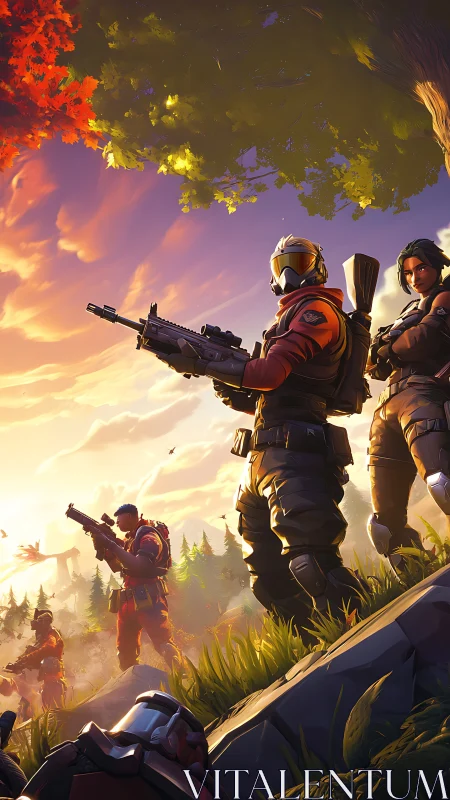 Armored squad advances through sunlit forest battlefield.