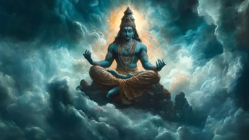 Blue-skinned deity meditating on rock amid swirling clouds.