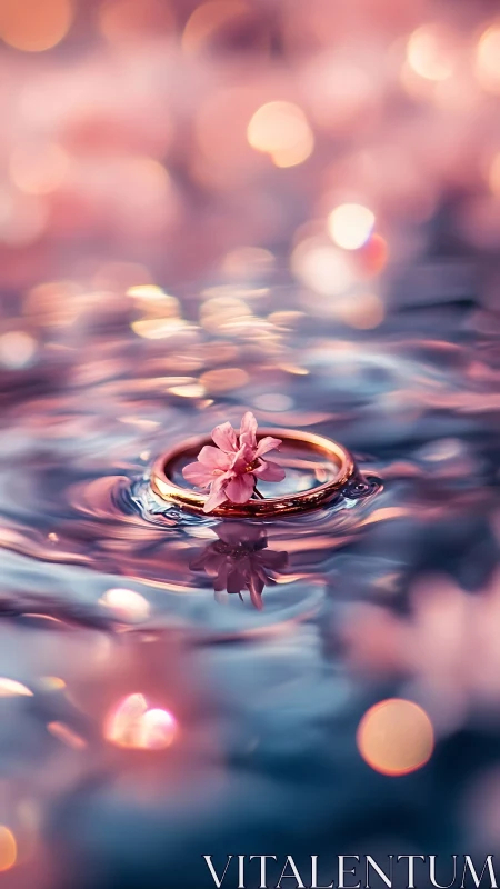Rose gold ring floats in dreamy pink and blue water light