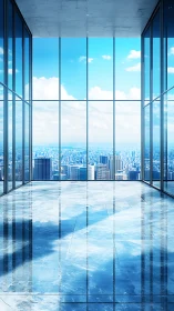 Elevated interior space with expansive glazing framing distant cityscape.