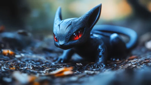 Small black dragon figure with red eyes on forest floor.