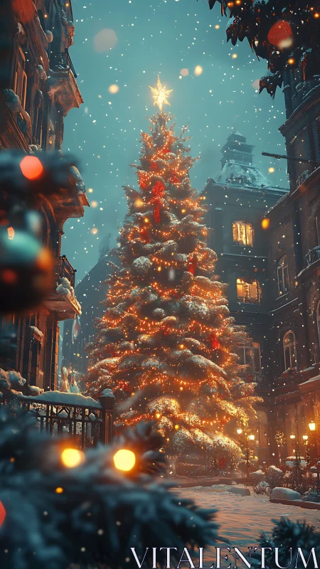 Snowy city street dominated by glowing Christmas tree.