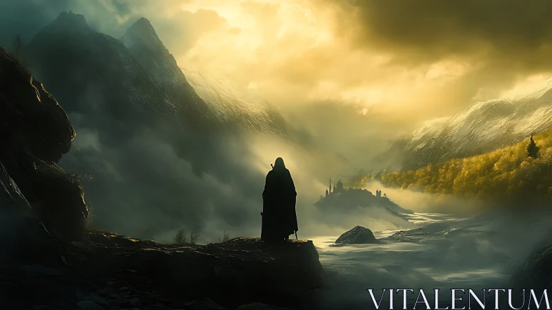 Digital painting of cloaked wanderer in luminous alpine valley.