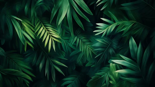 Lush tropical palm leaves drift in deep emerald jungle shade