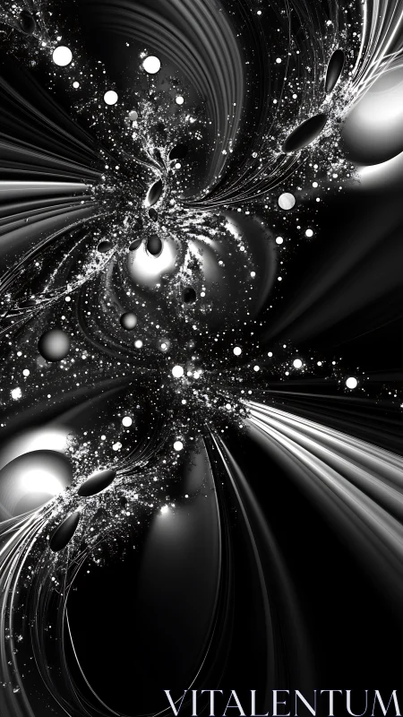 Monochrome cosmic vortex swirls with luminous abstract orbits