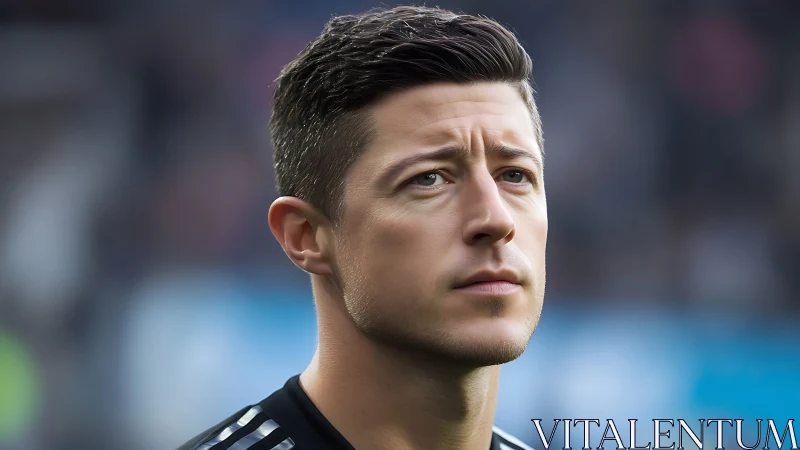 Photorealistic sideline portrait with shallow depth of field.