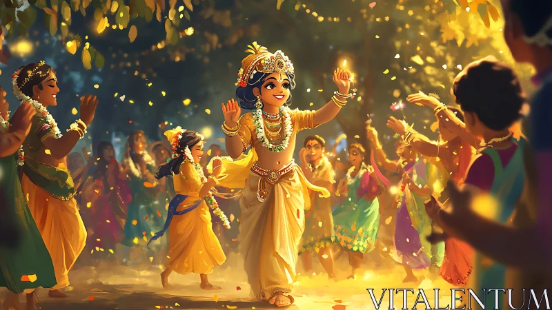 Digital painting shows central child dancer among festival crowd