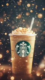 Iced blended drink with whipped cream under bokeh particle field