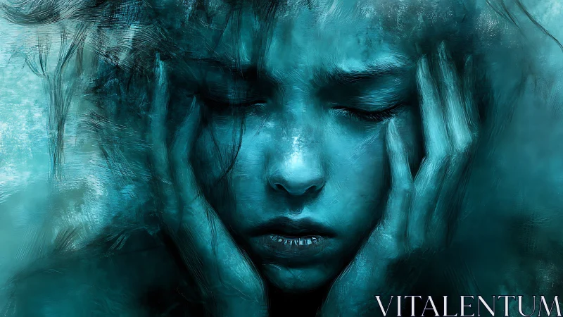 Blue-toned digital portrait of person with closed eyes.