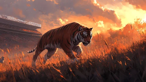 Stadium-lit Bengal tiger stalking through blazing dusk grasslands.