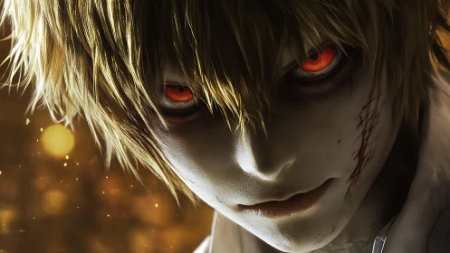 Close view of pale anime figure with red glowing eyes.