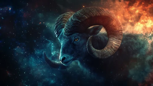Celestial ram portrait rendered in high-contrast cosmic lighting