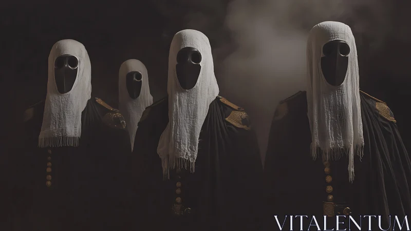 Hooded masked figures stand in smoky darkness wearing uniforms