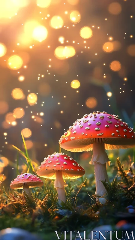 Glowing forest mushrooms under dreamy golden twilight.