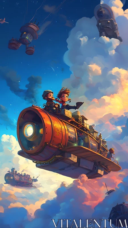 Children pilot cylindrical airship through dense cloudscape
