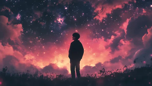 Silhouetted figure stands beneath dense starscape at twilight