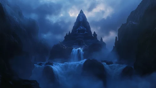 Midnight waterfalls crown a colossal mountain temple guardian