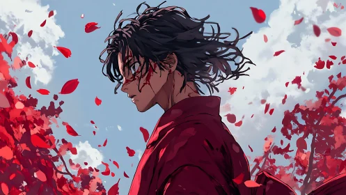 Stoic anime warrior in red among swirling petals.