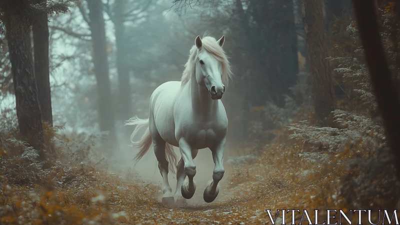 White horse charges through misty autumn forest path.