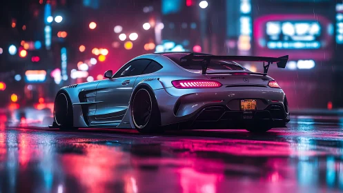 Silver GT sports car under neon rain in cyberpunk city street.