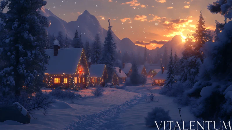 Cozy winter cabins glowing softly beneath a golden sunset.