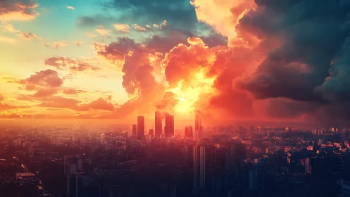 High-rise metropolis skyline under hyper-saturated sunset sky