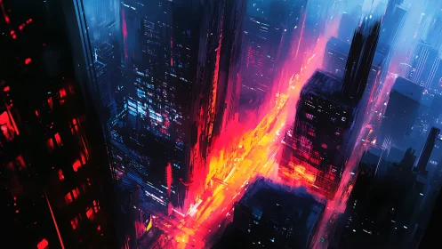Neon-saturated cyberpunk avenue bisects a dense digital metropolis