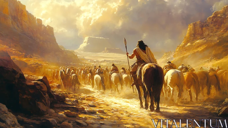 Mounted caravan crossing sunlit canyon pass toward plateau.