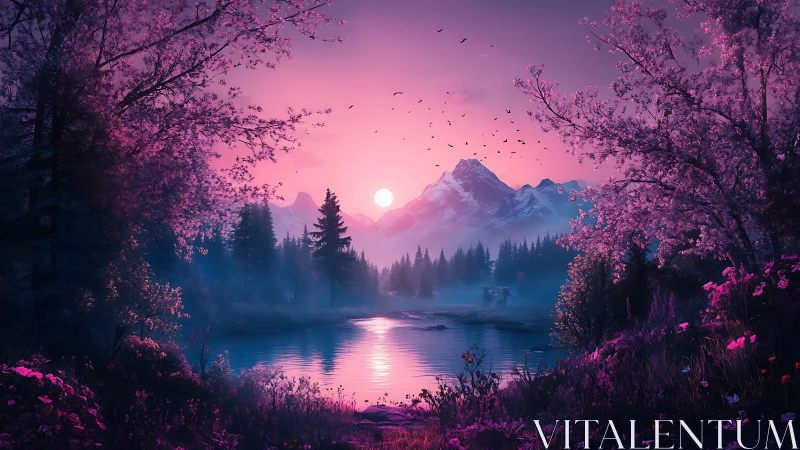 Magenta twilight mountain lake with reflective calm water.