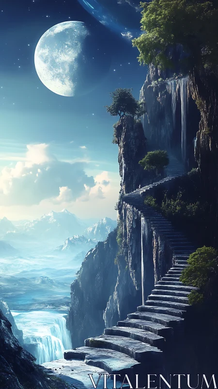 Lunar-illuminated cliff staircase over glacial waterfalls
