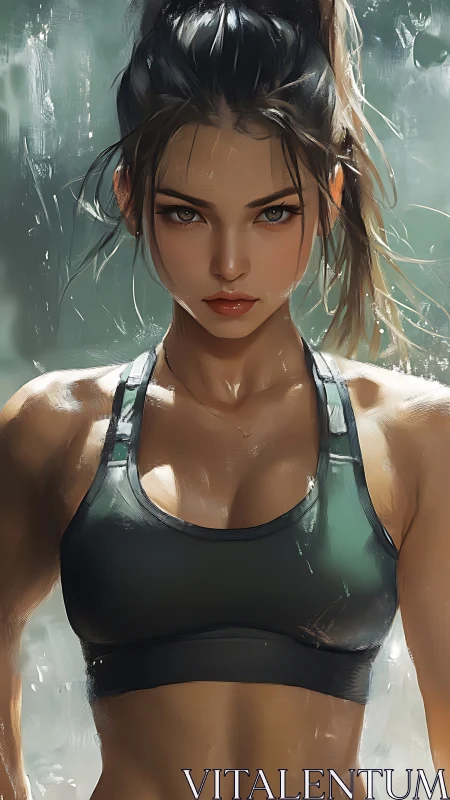 Focused athletic woman in rain-soaked training portrait.
