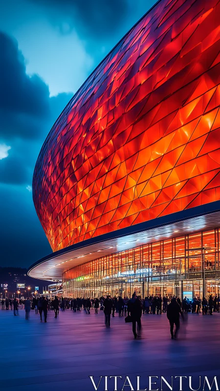 Stadium facade glows with vivid geometric red panels.