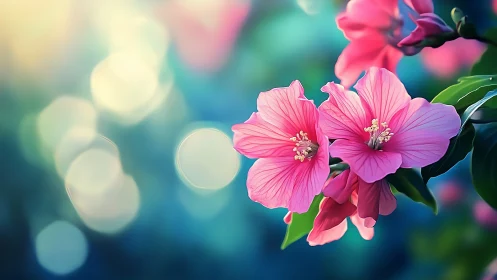 Pink hibiscus blooms glow against soft bokeh backdrop. Vivid petals.
