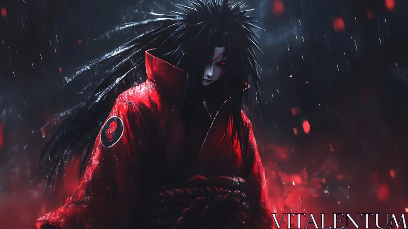 Rain-soaked red-cloaked warrior in dark storm-lit battlefield