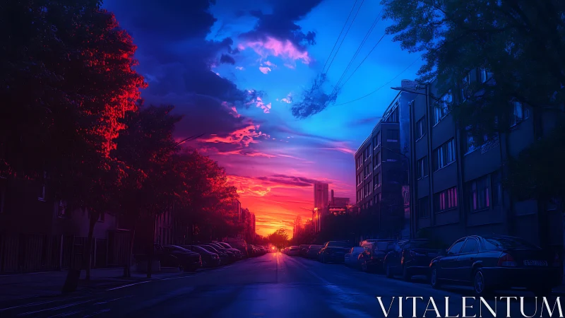 Neon dusk pours over a quiet city street in cinematic glow.