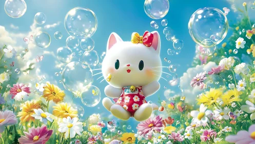 White cartoon cat floats among soap bubbles over flowers