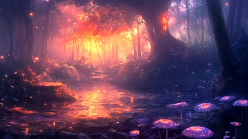 Bioluminescent Forest Stream with Glowing Fungal Ecosystem