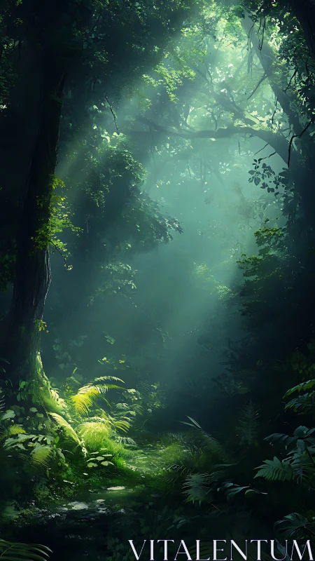 Ethereal Rainforest Pathway Bathed in Luminous Mist.