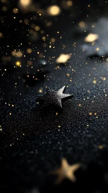 Silver star ornament on dark surface with bokeh lights.