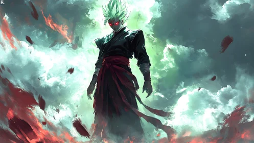 Dark warrior stands amid stormlit sky and burning embers