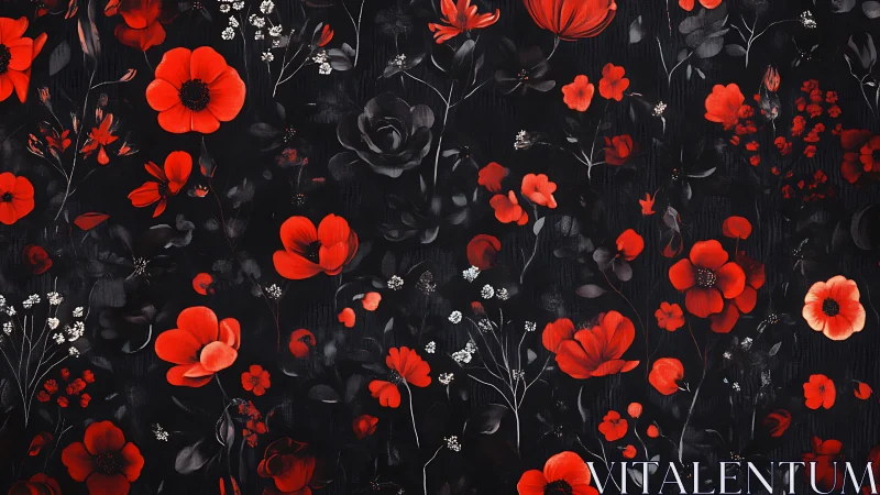 High-contrast botanical composition with luminous red flowers against deep black background renderin
