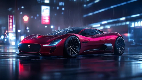 Sleek red supercar on wet neon city street at night.