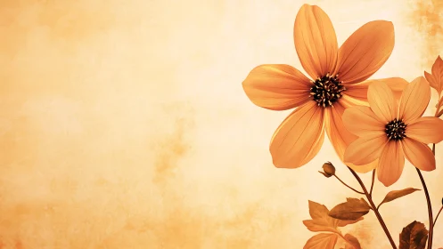 Orange Cosmos Flowers Against Warm Textured Background.