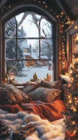 Winter window nook glows with cozy lights and snowy charm