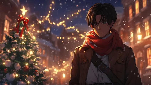 Melancholic winter stroll beside illuminated urban Christmas tree.