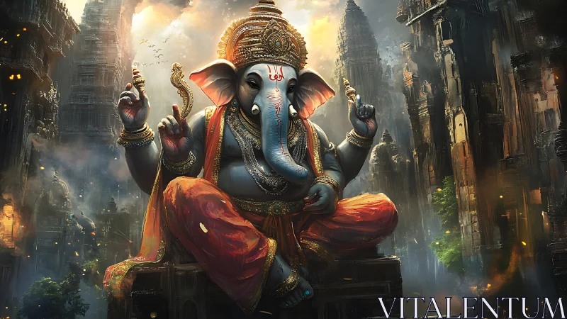Majestic Ganesha deity illuminated amid dense temple megastructures