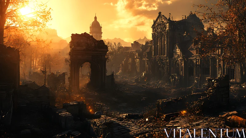 Sunlit ruins of a baroque city under burning evening sky.