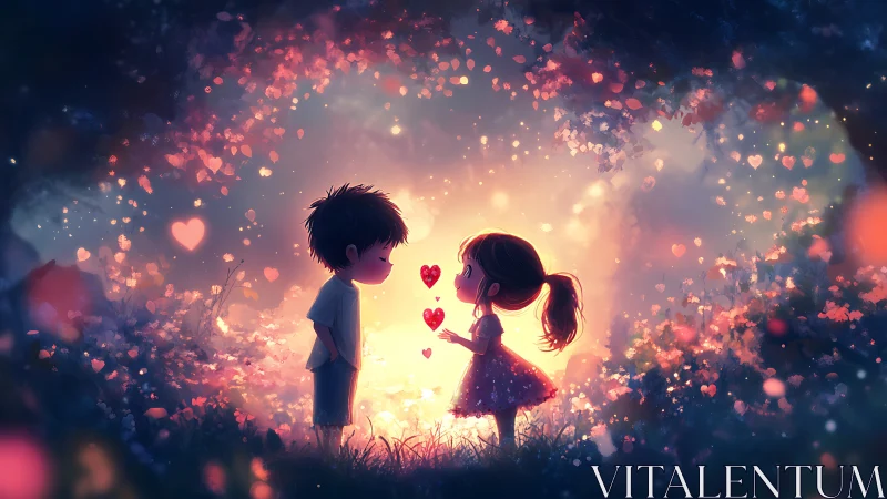 Two Children Share Love Under Glowing Hearts of Light