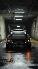Classic sports car glowing in a rain soaked city tunnel.