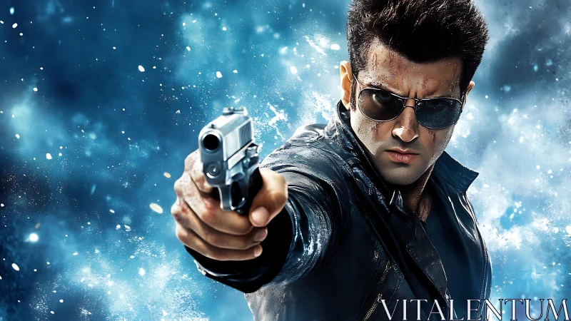 Gunman in leather jacket aiming pistol through blue chaos.